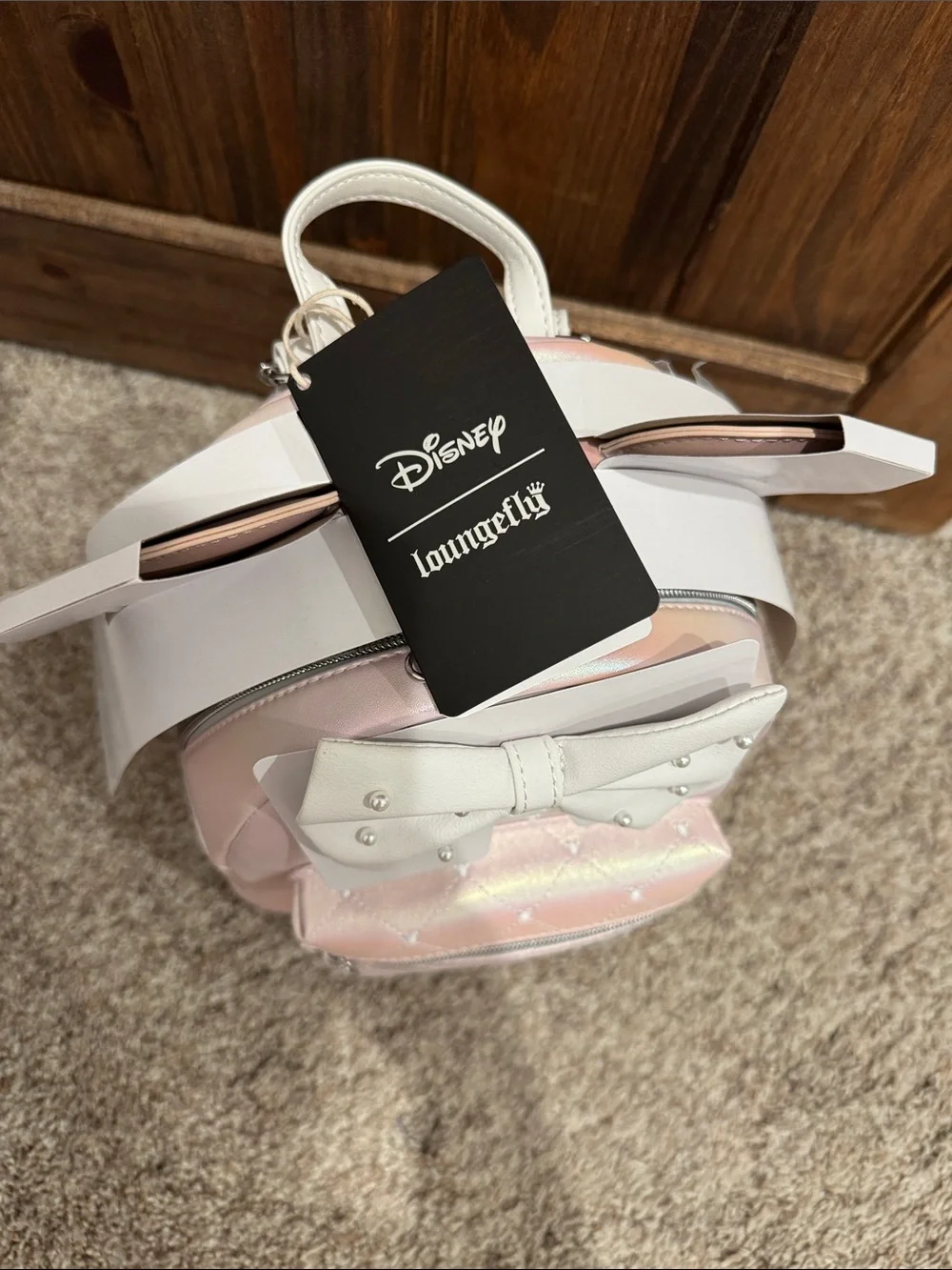 Loungefly Iridescent Pink Minnie Ear Mini Backpack with Pearl Bow